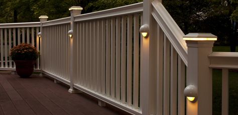 Flat Top LED Post Sleeve Cap in White and Post Sleeve Light in White, Horizon Provincial Railing Fiberon Decking, Deck String Lights, Trex Deck Lighting, Patio Furniture Storage, Post Sleeve, Yard Inspiration, Led Deck Lighting, Darkest Night, Solar Deck Lights