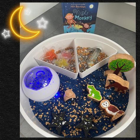 ⭐️🌛⭐️🌛⭐️🌛⭐️🌛⭐️🌛 A nice calm day at home for us today with a little bit of gentle play with our night time sensory tray exploring the moon, stars and night time animals in the story. For our night time tray I used our beautiful base from @earlyyears_playideas (use code Homeplay10 for 10% off) aswel as our lovely pegs from @sarahspegs (use code Sarah10 for 10% off). I also added our starry night light, sensory stars, homemade sequin star sensory bottle, scoops, cupcake cases to fill and ou... Star Sensory, Sensory Tray, Sensory Bottle, Starry Night Light, Sensory Bottles, Cupcake Cases, Moon Stars, Night Time, Starry Night