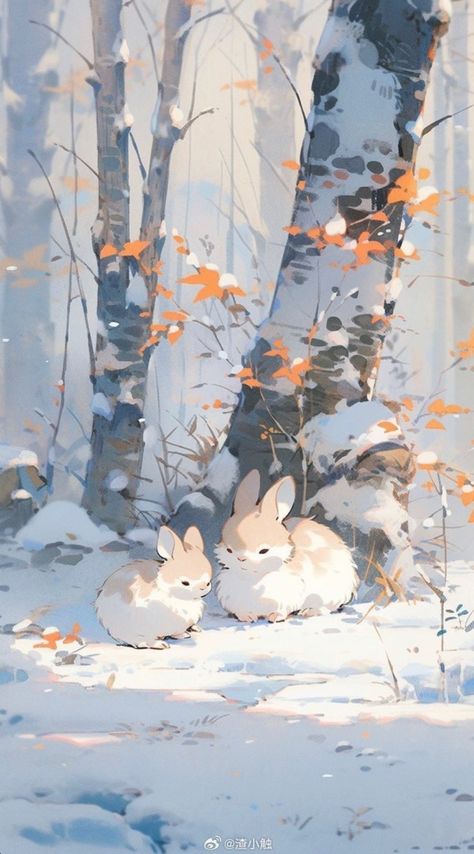 Rabbit Wallpaper, Winter Art Projects, Winter Wallpaper, Winter Art, Dreamy Art, Pretty Wallpapers Backgrounds, Kawaii Wallpaper, Anime Scenery Wallpaper, Cute Wallpaper Backgrounds