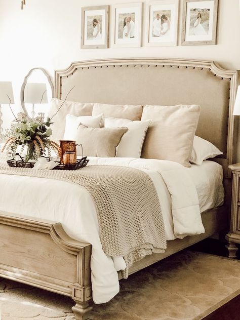 Bedding Ideas For Bed With Footboard, White Bedroom Comforter Ideas, King Size Master Bed, King Bedroom Suite, Bed Back Design Headboards Master Bedrooms, Guest Bedroom King Bed, Farmhouse Master Bedding Ideas, How To Style A Queen Size Bed, How To Dress King Size Bed