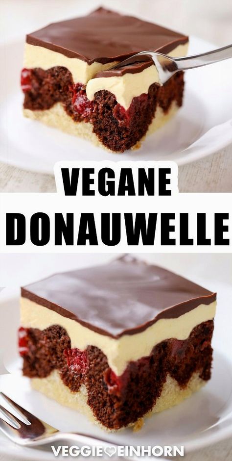 This delightful vegan Donauwelle sheet cake is a hit with guests every time. Perfectly suited for any occasion, this cake features layers of vegan buttercream, cherries, and a marbled light and dark sponge. Topped with a rich chocolate glaze, it's a classic recipe that never fails. Detailed instructions ensure success, and it's entirely vegan, egg-free, dairy-free, and lactose-free. Vegan Cherry Cake, Torte Vegan, Egg-free Recipes, Vegan Buttercream, Vegan Birthday, Clean Baking, Dessert Vegan, Vegan Bakery, Chocolate Glaze