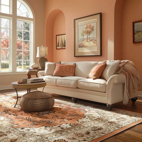 Peach Living Rooms, Coral Living Rooms, Elegant Bedrooms, Peach Walls, Cream Decor, Cinnamon Color, Cozy Living Spaces, Plywood Panels, Luxurious Bedroom