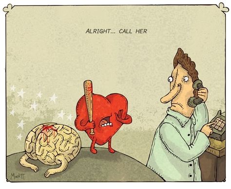 Heart And Brain Comic, Heart Vs Brain, The Awkward Yeti, Heart And Brain, Brain And Heart, Memes Humor, Satire, Bones Funny, Call Her