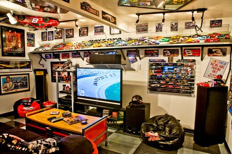 I like the slanted shelf to see the cars.  Could we display Bill's trains this way? Nascar Room, Man Cave Designs, Nascar Track, Best Man Caves, Room Decor For Men, Sports Man Cave, Man Cave Design, Ultimate Man Cave, Man Cave Basement