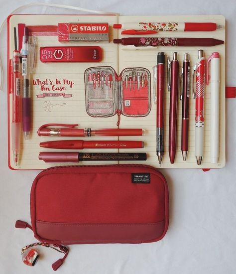 Red Stationary Aesthetic, Red School Supplies Aesthetic, Red School Supplies, Red Stationary, Stationary Collection, Girl School Supplies, Pretty School Supplies, School Suplies, Stationery Obsession