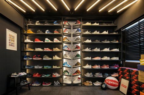 Shoe Display Ideas, Bling Empire, Shoe Cabinet Design, Off Social Media, Room Lighting Ideas, Sneakerhead Room, Shoe Store Design, Recessed Shelves, Sneaker Displays