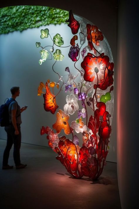 Chandelier Sculpture Art, Flower Installation Art Sculpture, Nature Art Sculpture, Nature And Technology Art, Glass Blowing Studio, Nature Art Installation, Artistic Lamps, Exhibition Project, Glass Art Installation