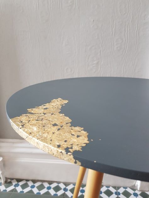 Side Table with gold leaf detail. Painted in Annabell Duke 'Wattle and Daub' Modern Finish Paint Diy Bedside Table, Painted Tables, Golden Table, Wattle And Daub, Liquid Gold Leaf, Painted Dining Table, Rugby Club, Bedroom Wall Paint, Top Furniture