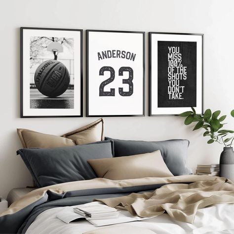 Creating the perfect bedroom decor for men starts with bold and stylish wall art that reflects personality and modern flair. My tips will guide you through picking the best pieces that elevate any space with minimal effort. Check out how easy it is to upgrade a room with the right artwork. Save this pin now to keep these decor ideas at your fingertips! Study Room Wall Art, Sports Wall Decor Ideas, Teenage Sports Bedroom, Basketball Theme Room Bedroom Ideas, Preteen Boys Bedroom Ideas Sports, Sports Room For Boys, Modern Sports Bedroom, Basketball Teen Room, Sport Bedroom Ideas Boys