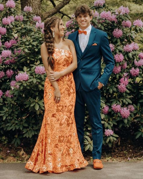 Blue And Orange Prom Dress, Tux To Match Orange Prom Dress, Blue Suit And Orange Dress, Burnt Orange Prom Couple, Orange And Tan Prom, Orange And Navy Prom, Neon Orange Prom Dress Couple, Pastel Orange Prom Dress, Orange Prom Dress With Date