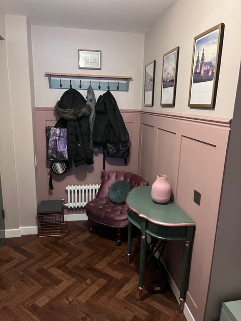 Pink Hallway Panelling, Sulking Room Pink Panelling, Purple Entrance Hall, Blush Pink Wall Panelling, Dusty Pink Hallway, Hallway Panelling Ideas, Hallway Panelling, Hallway, Entryway