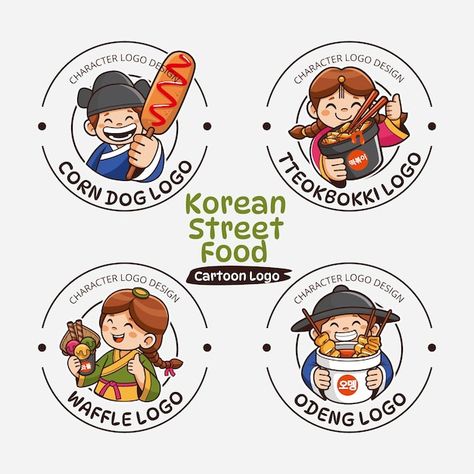 Korean Food Stall, Korean Food Logo Design, Branding Design Logo Food, Food Logo Design Ideas Creative, Korean Food Logo, Korean Logo Design, Logo Food Design, Waffle Cartoon, Street Food Logo