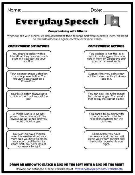 Compromising with Others - Everyday Speech - Everyday Speech Elocution Speech, Everyday Speech, Social Work Worksheets, Impromptu Speech Tips, Speech Impediment, 8parts Of Speech, Problem Solving Worksheet, Social Skills Training, Speech Therapy Worksheets