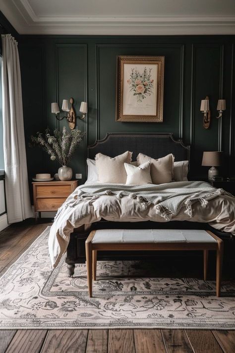 Dark And Sultry Bedroom, Dark Romantic Master Suite, Bedroom With Dark Wallpaper, Dark Calming Bedroom, Bedroom Color Ideas Green, Dark Green Walls In Bedroom, Light And Moody Bedroom, Bedroom Dark And Moody, Elegant Vintage Bedroom Ideas