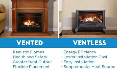 Decide between vented and ventless gas fireplaces and logs. Find the perfect ambiance and heating solution for your home today Ventless Gas Fireplace, Ventless Gas Logs, Fireplace Vent, Vent Free Gas Fireplace, Gas Fireplaces, Gas Fireplace Logs, Free Gas, Kitchen Sinks Farmhouse, Evaporative Cooler