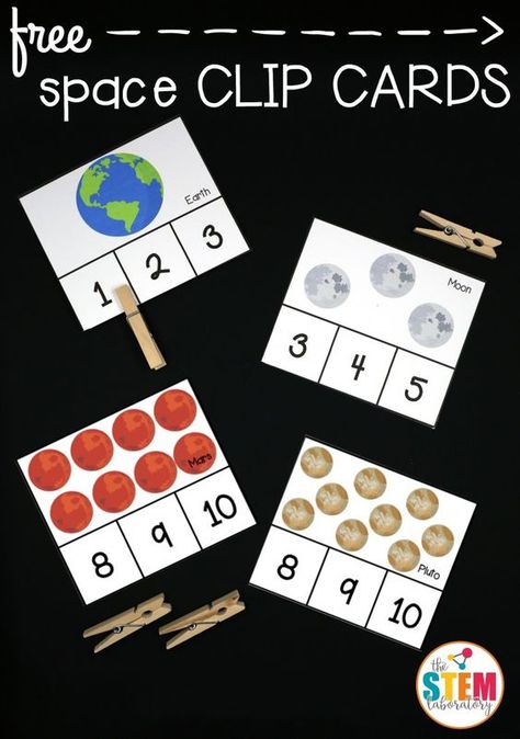 I love these free outer space clip cards! Such a fun science and math activity in one. Great idea for a preschool or kindergarten space unit. Space Activities Preschool, Kindergarten Space, Space Math, Space Lesson Plans, Space Theme Preschool, Space Activities For Kids, Space Lessons, Space Preschool, Counting Clip Cards