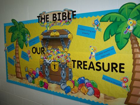 Our Spring 2013 boards Treasure Chest Bulletin Board, Treasure Map Bulletin Board, Beach Vacation Bible School, Under The Sea Christian Bulletin Board, Under The Sea Bible School, Bible Bulletin Boards, Kids Bulletin Boards, Vacation Bible School Themes, Class Bulletin Boards