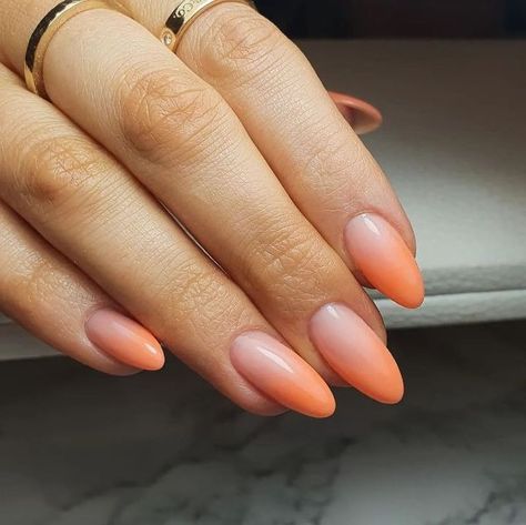 Tangerine Ombre Nails, Orang Ombre Nails, Pink Orange Ombre Nails Summer, Peach French Tip Nails Almond, French Ombre Nails Orange, Orange Detail Nails, Orange To White Ombre Nails, Light Orange Nails Almond, Orange Ombre Nails Almond