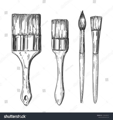 Hand drawn line art brushes set. Vintage etching, pen and ink vector illustration isolated on white background. #Ad , #sponsored, #brushes#set#Vintage#art Tiny Paint Brush Tattoo, Paint Brush Sketch, Paint Brushes Drawing, Art Tools Illustration, Paintbrush Illustration, Paint Brush Illustration, Paint Brush Tattoo, Paintbrush Logo, Paintbrush Drawing