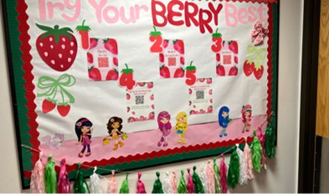 strawberry shortcake bulletin board Barbie Ra Bulletin Board, Strawberry Shortcake Classroom Theme, Strawberry Bulletin Board, Strawberry Shortcake Calendar, Disney Ra Bulletin Boards, Closing Bulletin Board Ra Summer, Door Decks, Ra Boards, Door Decs