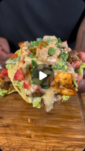 Seafood Network🦞🦐🦀🦑🐙🍤 on Instagram: "Mouthwatering Steak & Shrimp Tostadas 🥩🍤 🎥 eatwitzo   There’s something about a good surf & turf combo that just hits every time!   Full Ingredient list:  1 lb large shrimp  1 lb steak cubed  1-2 tsp cumin  1-2 tsp garlic powder  1-2 tsp black pepper 1-2 tsp chili powder  1-2 tsp salt  For guacamole:  2-3 avocados  2-3 roma tomatoes diced 2-3 tbsp cilantro chopped  2-3 limes juiced  1 small red onion  Salt & pepper to taste  For jalapeno queso:  2-3 tbsp butter  1-2 tbsp flour  2 jalapenos diced (add seeds for more heat)  1-1 1/2 cup milk  8-12 oz shredded quesadilla cheese  Season to taste (seasoning from steak/shrimp)  Pico de gallo  Do you want to devour this seafood sensation⁉️ Comment and tag a Seafood Lover/Friend below 👇🏼  #seafoodnetw Jalapeno Queso, Quesadilla Cheese, Taco Ideas, Shrimp Tostadas, Steak Shrimp, Seafood Party, Steak Marinade Recipes, Steak And Shrimp, Delicious Seafood Recipes