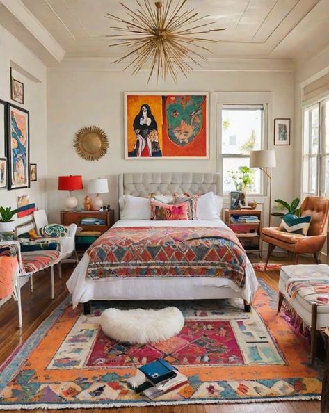 Colorful bedroom with a bed and rug on the floor. - Design Ideas AI Cozy Eclectic Bedroom, Eclectic Bedrooms, Eclectic Design Style, Eclectic Bedroom Design, Bedroom Eclectic, Color Palette Interior Design, Pink Bench, Large Bed, Colorful Comforter