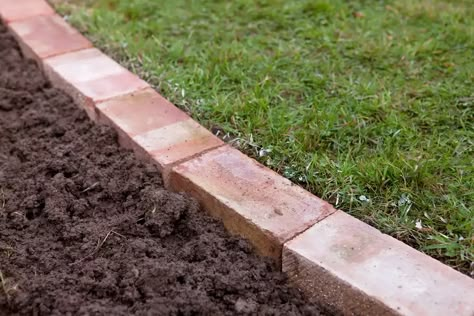 Edging a lawn - soil around the bricks Lawn Edging Bricks, Brick Landscape Edging, Landscape Edging Stone, Garden Lawn Edging, Garden Edge, Grass Edging, Landscape Ideas Front Yard Curb Appeal, Brick Garden Edging, Brick Edging