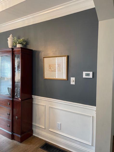 Upper wall SW Web Gray, post on right SW Accessible Beige, wainscoting Gliden Swan White Beige Wainscoting, Sw Web Gray, Sw Accessible Beige, Small Vintage Bathroom, Neutral Backsplash Kitchen, Neutral Backsplash, Office Paint Colors, Dining Room Paint Colors, White Wainscoting