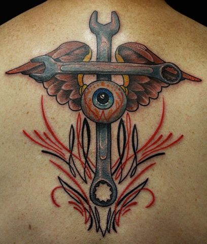 Wrench hot rod tattoo Eric James Phoenix Tattoo Company Flying Eyeball Tattoo, Pinstripe Tattoo, Wrench Cross, Welder Tattoo, Wrench Tattoo, Dutch Tattoo, Hot Rod Tattoo, Engine Tattoo, Flying Eyeball