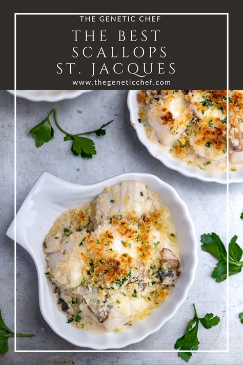 If you love scallops, you’ll absolutely love this dish. Sea scallops are poached in a wine flavored broth, tossed in a creamy sauce loaded with sauteed shallots and mushrooms, then topped with cheese and buttered crumbs. How does that sound?
#scallops #dinnerrecipes #scallopsstjacques #seafoodrecipes | @thegeneticchef Scallop Recipes Baked, Best Scallops, Best Scallop Recipe, Scallop Appetizer, Scallop Dishes, Coquille St Jacques, Baked Scallops, Shrimp Scallops, Seafood Entrees