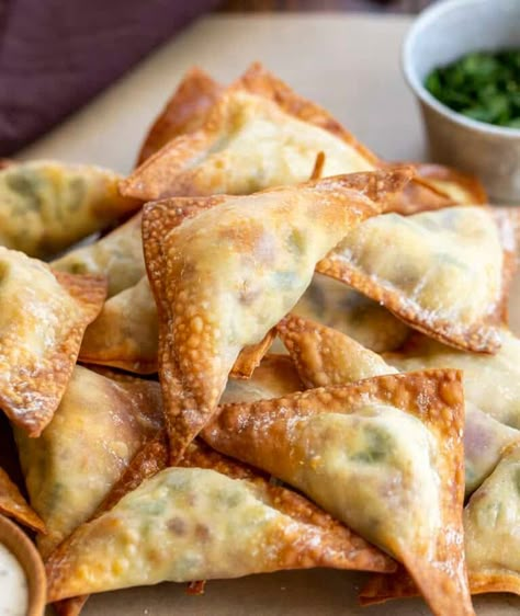 46 Best Wonton Wrapper Recipes – Happy Muncher Jalapeno Popper Wontons, Homemade Cooking Spray, Wonton Appetizer Recipes, Wonton Wrapper Recipes Appetizers, Jalapeno Appetizer, Jalapeno Wonton Poppers, Wonton Appetizers, Wonton Wrapper Recipes, Egg Roll Wraps