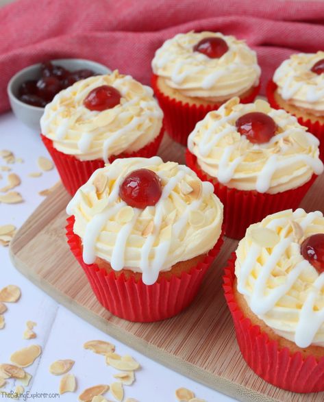 Cherry Bakewell Cupcakes - The Baking Explorer Cherry Bakewell Recipe, Bakewell Cupcakes, Cherry Bakewell Cupcakes, Cherry Bakewell Cake, Bakewell Cake, Orange Loaf Cake, Almond Buttercream, Almond Cupcakes, Cherry Bakewell