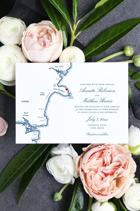 York Maine Elegant Navy Map Wedding Invitation from Coastal Map Designs Viewpoint Hotel Maine Wedding, York Maine Wedding, Club Stage, Map Wedding Invitation, Guest Quarters, Maine Map, Map Wedding, York Maine, Coastal Maine