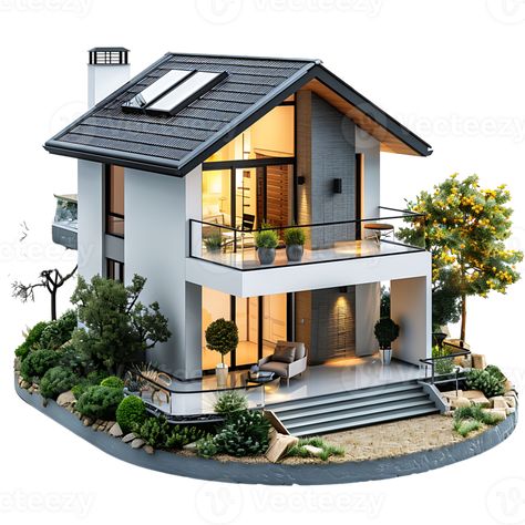 Modern bungalow on isolated background House Models Architecture, Sims 4 Modern Bungalow, 2 Storey Tiny House, Bungalow House Design Modern, Loft House Exterior, Two Storey House Design, Small House Model, Bungalow Hotel, Small House Blueprints