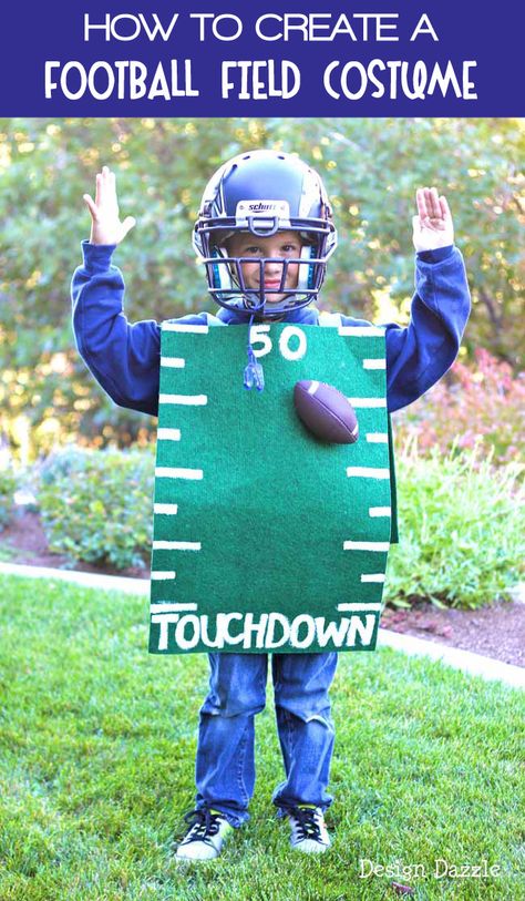 Design Dazzle - You’ve seen plenty of football player costumes, but I bet you’ve never seen a FOOTBALL FIELD costume. Your mini football lover will love this costume.  Plus 20 more great Halloween ideas! Football Fan Costume, Interesting Costumes, Coolest Costumes, Football Halloween Costume, Diy Costumes For Boys, Vocabulary Parade, Halloween Football, Football Costume, Sibling Halloween Costumes