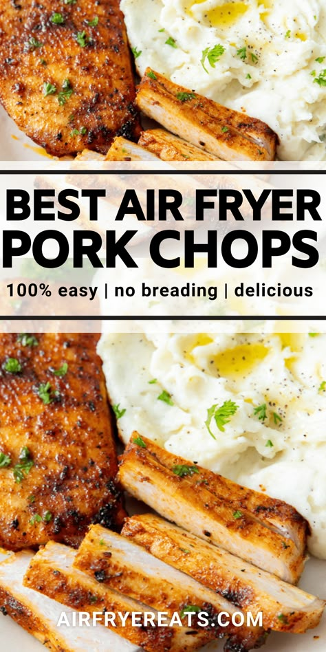 Air Fryer Pork chops - no breading needed to enjoy juicy, delicious pork chops in the air fryer! A simple seasoning blend gives these air fryer pork chops great flavor, and they're ready in less than 10 minutes. #porkchops #airfryerpork Air Fryer Thick Pork Chops Boneless, Thick Pork Chops In Air Fryer, Best Air Fryer Pork Chops, Air Fry Pork Chops, Air Fryer Recipes Pork, Backing Ideas, Air Fryer Pork, Honey Garlic Pork Chops, Grill Press