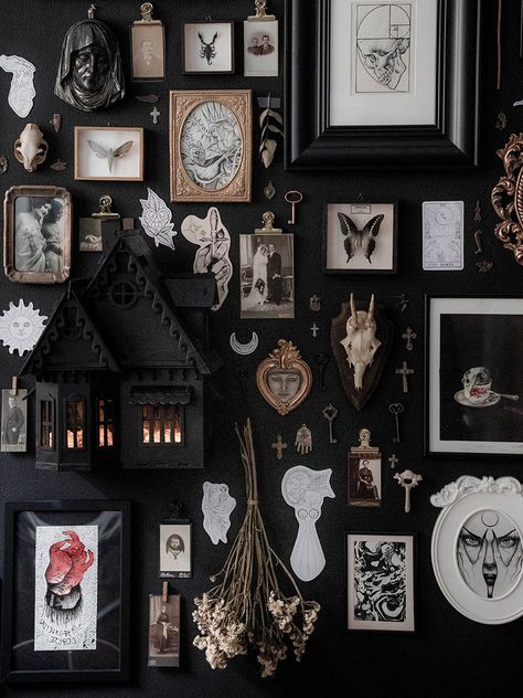 Dark Gallery Wall Hallway, Dark Wall Decor Bedroom, Tattoo Studio Decoration Ideas Wall Art, Tattoo Wall Decor, Moody Gallery Wall Living Room, Goth Photo Wall, Goth Accent Wall, Goth Tattoo Studio, Living Room Tattoo