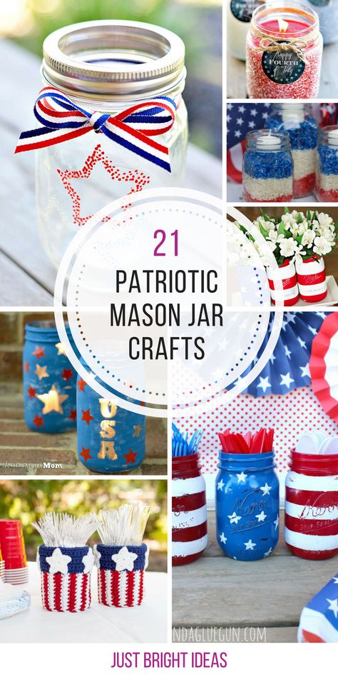 Loving these patriotic mason jars! Thanks for sharing! Patriotic Mason Jar Centerpieces, Patriotic Mason Jars Diy, 4th Of July Mason Jar Ideas, Red White And Blue Wedding Centerpieces, Patriotic Mason Jars, Fourth Of July Ideas, Patriotic Centerpieces, Room Decor Crafts, Home Decor Diy Crafts