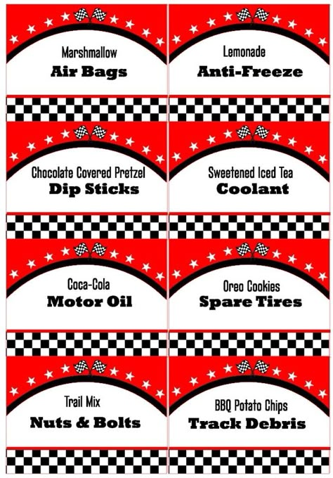 Car Party Food Labels, Racetrack Food Ideas, Racing Party Snacks, Race Car Themed Birthday Party Diy, Indy 500 Party Food, Speed Limit 2 Birthday Parties, Diy Race Car Birthday Decorations, Race Car Birthday Party Ideas Food Checkered Flag, Racing Food Ideas