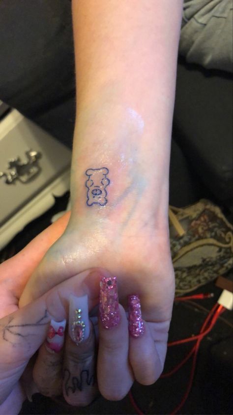 Line Tattoo Wrist, Tattoo Blue Ink, Gummy Bear Tattoo, Teddy Bear Tattoo, Tattoo Wrist, Bear Tattoos, Bear Tattoo, Bear Arms, Bear Teddy