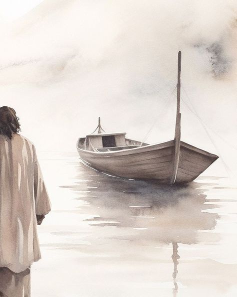 Jesus Art Paintings, Jesus Watercolor, Jesus Walking On Water, Jesus Printable, Bible Stickers, Jesus Walking, Watercolour Wall Art, Christian Illustration, Walking On Water