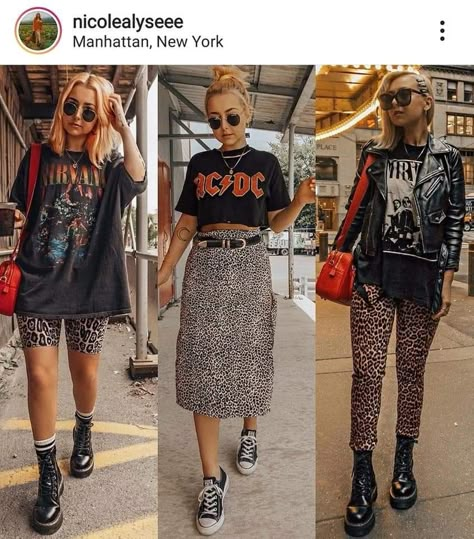 Punk Midi Skirt Outfit, Leopard Print Biker Shorts, Biker Short Summer Outfit, Midi Skirt Outfit Festival, Cheetah Print Biker Shorts Outfit, Leopard Print Biker Shorts Outfit, Midi Skirt Band Tee Outfit, Nicole Alyse Outfits, Band Shirt With Skirt Outfit