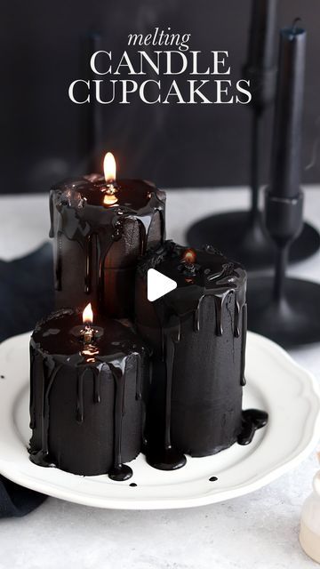 Whitney DePaoli | Sugar & Sparrow on Instagram: "MELTED CANDLE CUPCAKES 🖤🕯My small batch black velvet cake recipe (from a few Reels back) makes 9 cupcakes and I thought I’d do something fun with them. Here’s how I made these edible (dye-free!) melty candles in case you want to give it a go! ⁣
 ⁣
SUPPLIES: ⁣
-9 cupcakes⁣
-3 cups of frosting ⁣
-boba straws or skewers (for stabilizing the taller candles) ⁣
-icing smoother + turntable ⁣
-ganache for dripping⁣
-3 birthday cake candles⁣
-matches ⁣
⁣
INSTRUCTIONS: ⁣
1. Fill and stack the cupcakes: one stack of 2 cupcakes, one stack of 3 cupcakes, and one stack of 4 cupcakes. For the two taller cupcakes I inserted a boba straw through the middle to stabilize the stack for frosting. ⁣
2. Frost the cupcake stacks with smooth buttercream and keep t Candle Cupcakes, Black Velvet Cake Recipe, Chocolate Ganache Drip Cake, Lemonade Cake Recipe, Black Velvet Cake, Caramel Apple Cake Recipe, Melted Candle, Drip Cake Recipes, Black Velvet Cakes