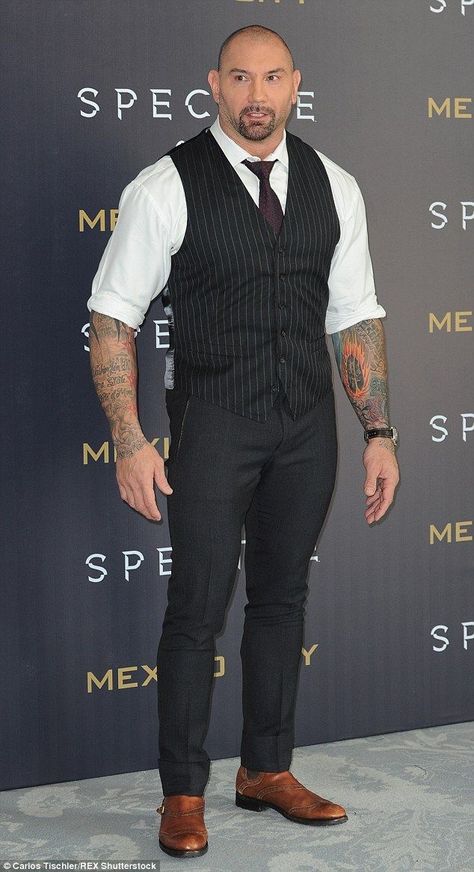 Dave Bautista Style, Shirt And Waistcoat, Dave Batista, Batista Wwe, Naomie Harris, Bald Men Style, Mens Vest Fashion, Dave Bautista, Big Men Fashion