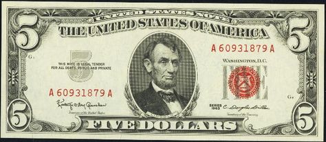 1963 Red Seal Five Dollar Bills - Values and Pricing | Sell Old Currency 5 Dollar Bill, Dollar Usa, Dollar Note, Federal Reserve Note, Teen Money, Silver Certificate, The United States Of America, Interesting History, One Dollar