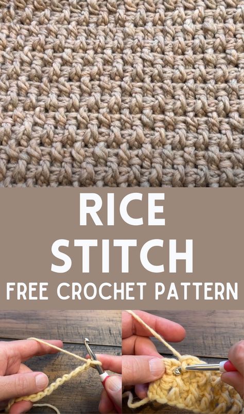 Crochet Rice Stitch Mini Basket Weave Crochet Stitch, Lattice Crochet Pattern, Relief Stitch Crochet, Rice Stitch Crochet Blanket, Surface Stitch Crochet, Dense Crochet Stitch, New Crochet Stitches, Texture Crochet Stitches, Crochet Rice Stitch