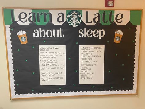 Latte sleep School Nurse Bulletin Board High School, High School Nurse Bulletin Board Ideas, Medical Office Bulletin Board Ideas, Healthcare Bulletin Board Ideas, Hospital Bulletin Board Ideas, Nursing Education Board Ideas, Elementary Nurse Office, School Nurse Decorations, Nurse Decorations