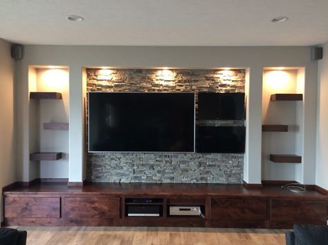 Man Cave Tv Wall, Basement Entertainment Center, Basement Redesign, Rustic Man Cave, Entertainment Center Design, Faux Panels, Interior And Exterior Design, Diy Tv Stand, Entertainment Center Repurpose