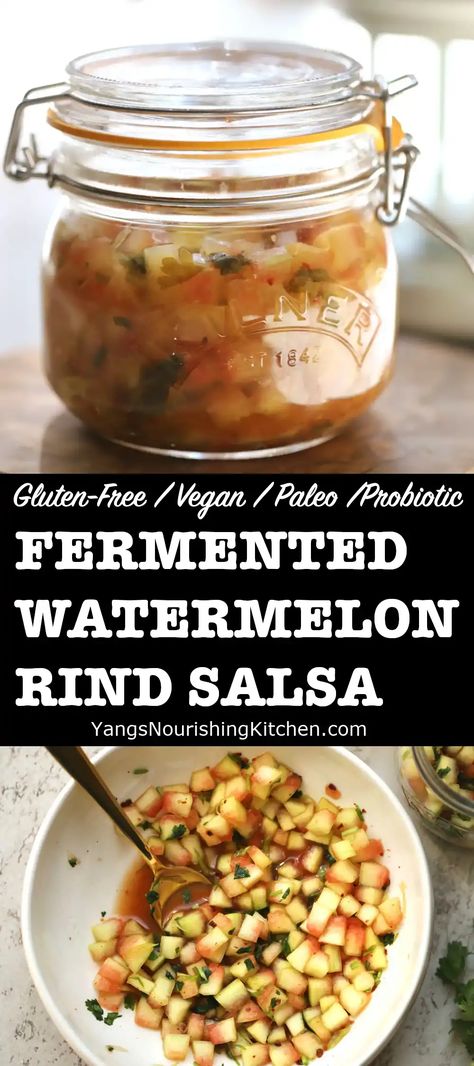 Fermented Watermelon Rind Salsa Fermented Watermelon Rind, Preserving Watermelon, Watermelon Kimchi, Fermented Watermelon, Watermelon Rind Preserves, Zero Food Waste, Watermelon Rind Recipes, Fermenting Recipes, Pickled Watermelon