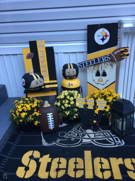 Steelers Crafts Diy, Steelers Door Hanger, Steelers Porch Sign, Steelers Welcome Sign, Steelers Wooden Signs, Steelers Crafts, Steelers Decor, Sports Theme Decor, Viking Ideas